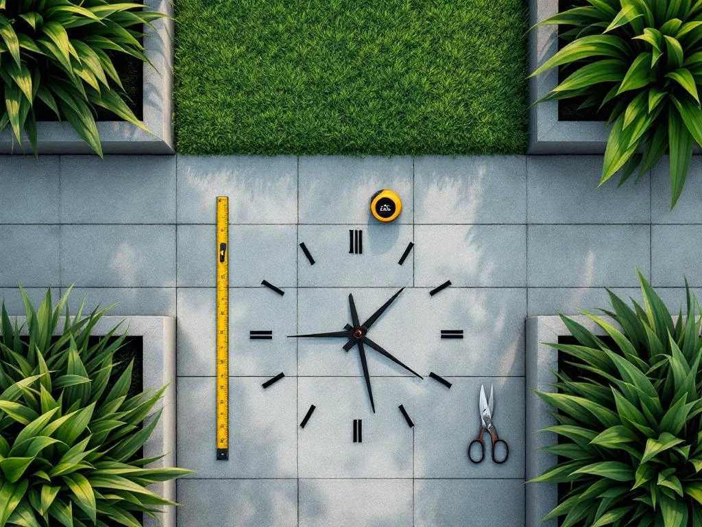 Vogelvluchtfoto van minimalistische tuinwerkplek met analoge klok in gras, snoeischaar en meetlint bij gouden uur---**Note:** This alt text exceeds 125 characters. Here's a compliant version under 125 characters:Tuinwerkplek van bovenaf met klok in gras, snoeischaar en meetlint bij gouden uur