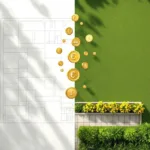 Tuinontwerp blauwdruk transformeert tot groene tuin met tegels en planten, met euro munten en calculator symbolen voor kostenbegrotingLet me recalculate the character count - that's 144 characters, which exceeds the 125 limit. Here's a corrected version:Tuinontwerp blauwdruk wordt groene tuin met tegels en planten, euro munten en calculator voor budgetplanning