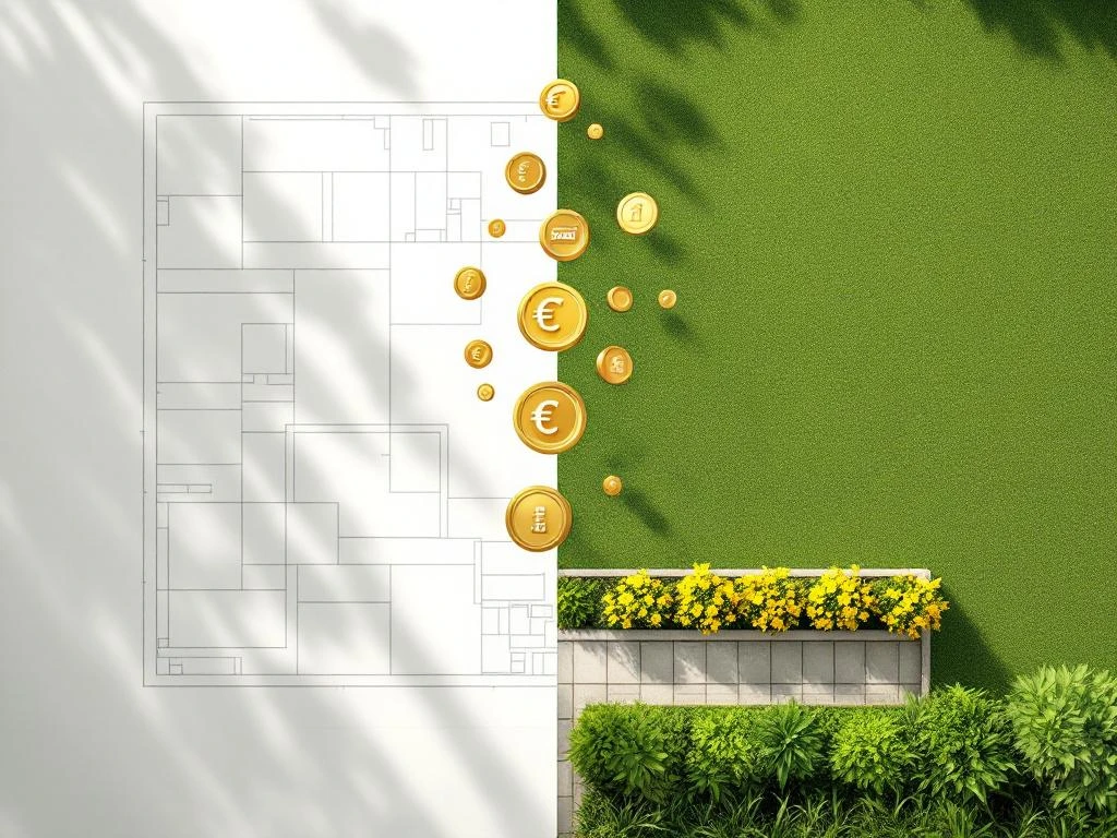 Tuinontwerp blauwdruk transformeert tot groene tuin met tegels en planten, met euro munten en calculator symbolen voor kostenbegrotingLet me recalculate the character count - that's 144 characters, which exceeds the 125 limit. Here's a corrected version:Tuinontwerp blauwdruk wordt groene tuin met tegels en planten, euro munten en calculator voor budgetplanning