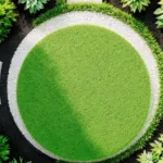 Minimalistische tuin van bovenaf met cirkelvormig gazon, grind, aarde en snoeischaar op witte tegels