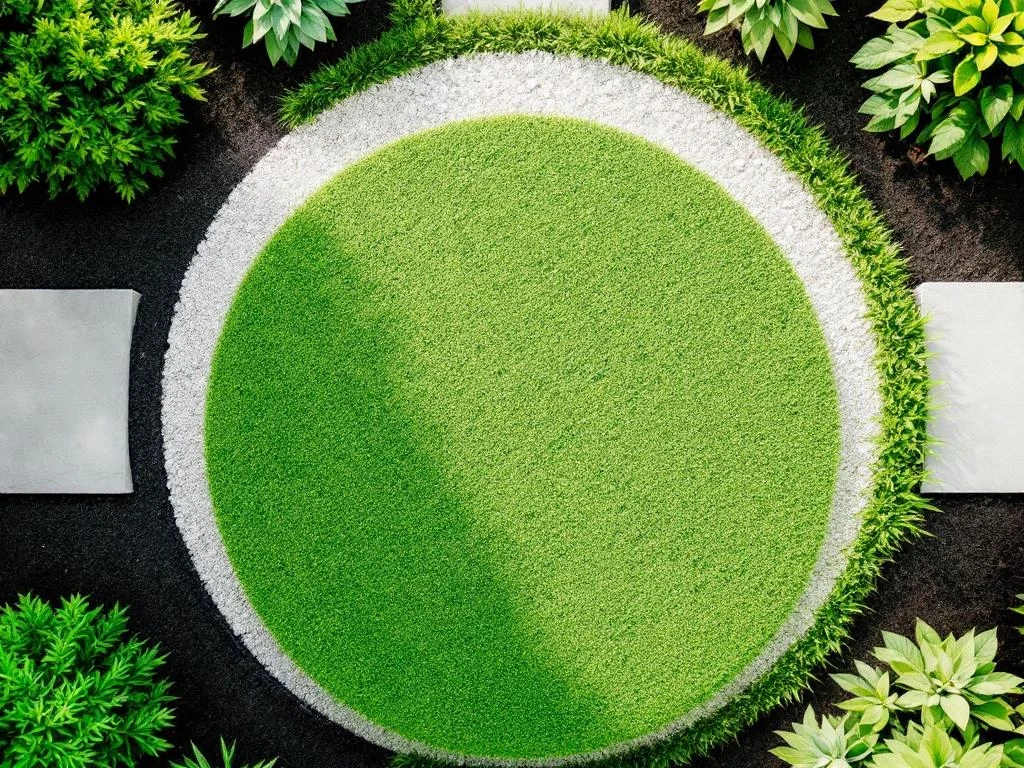 Minimalistische tuin van bovenaf met cirkelvormig gazon, grind, aarde en snoeischaar op witte tegels