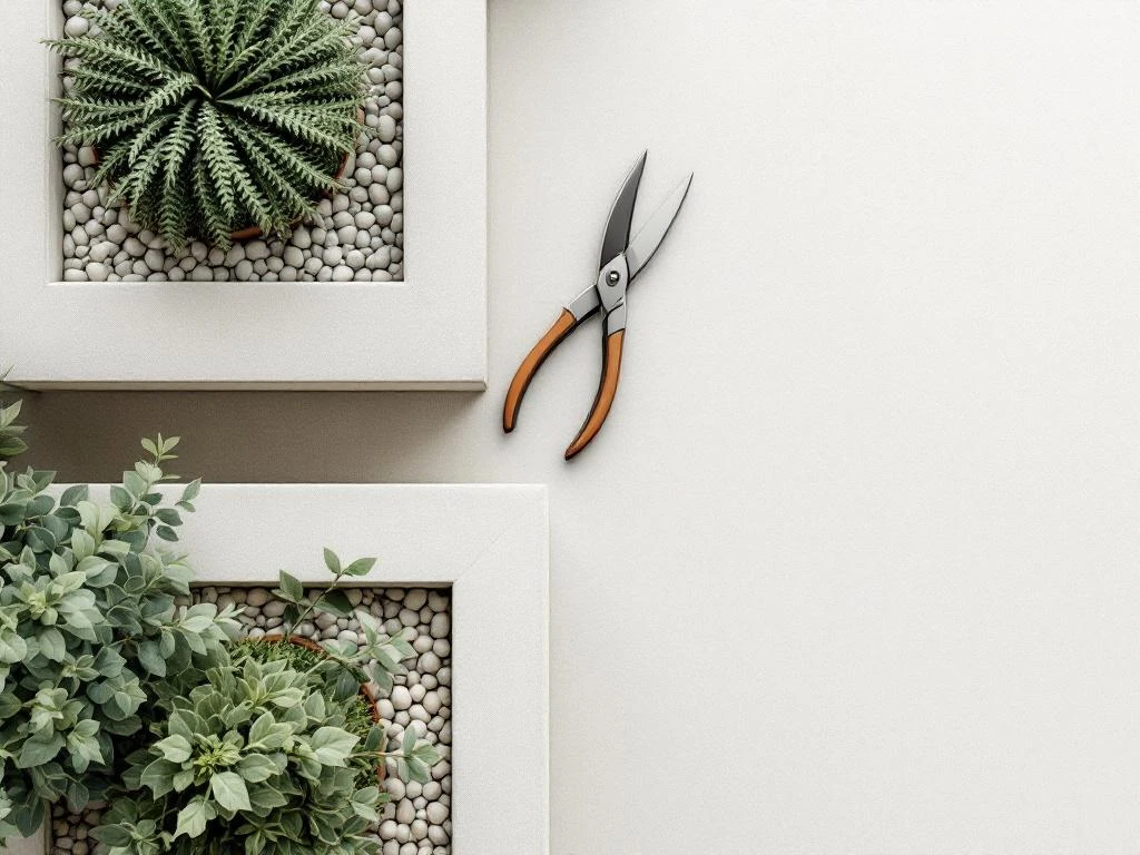 Bovenaanzicht van minimalistische tuin met geometrische bedden, snoeischaar, terracotta potten en wit grind---**Note:** The alt text is 108 characters and captures the essential elements while staying within the 125-character limit as requested.