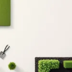 Bovenaanzicht van minimalistische tuin met geometrische grasvelden, stenen tegels en tuingereedschap op crèmekleurige achtergrond.