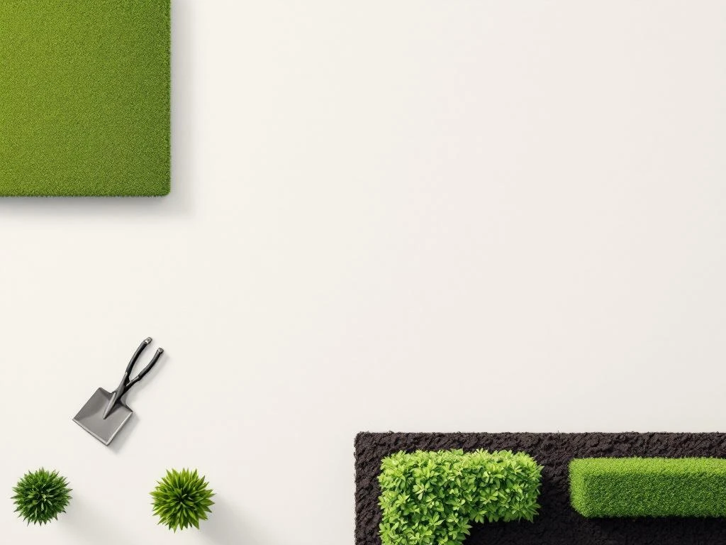 Bovenaanzicht van minimalistische tuin met geometrische grasvelden, stenen tegels en tuingereedschap op crèmekleurige achtergrond.