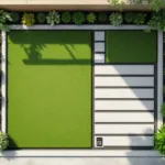 Bovenaanzicht van geometrisch tuinontwerp met grasvlakken, tegels en borders, calculator en meetlint voor prijsberekening