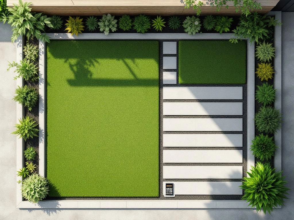 Bovenaanzicht van geometrisch tuinontwerp met grasvlakken, tegels en borders, calculator en meetlint voor prijsberekening