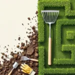 Bovenaanzicht tuinwerkruimte: onverzorgde grond met gereedschap naast gemanicuurd gazon met heggenpatronen