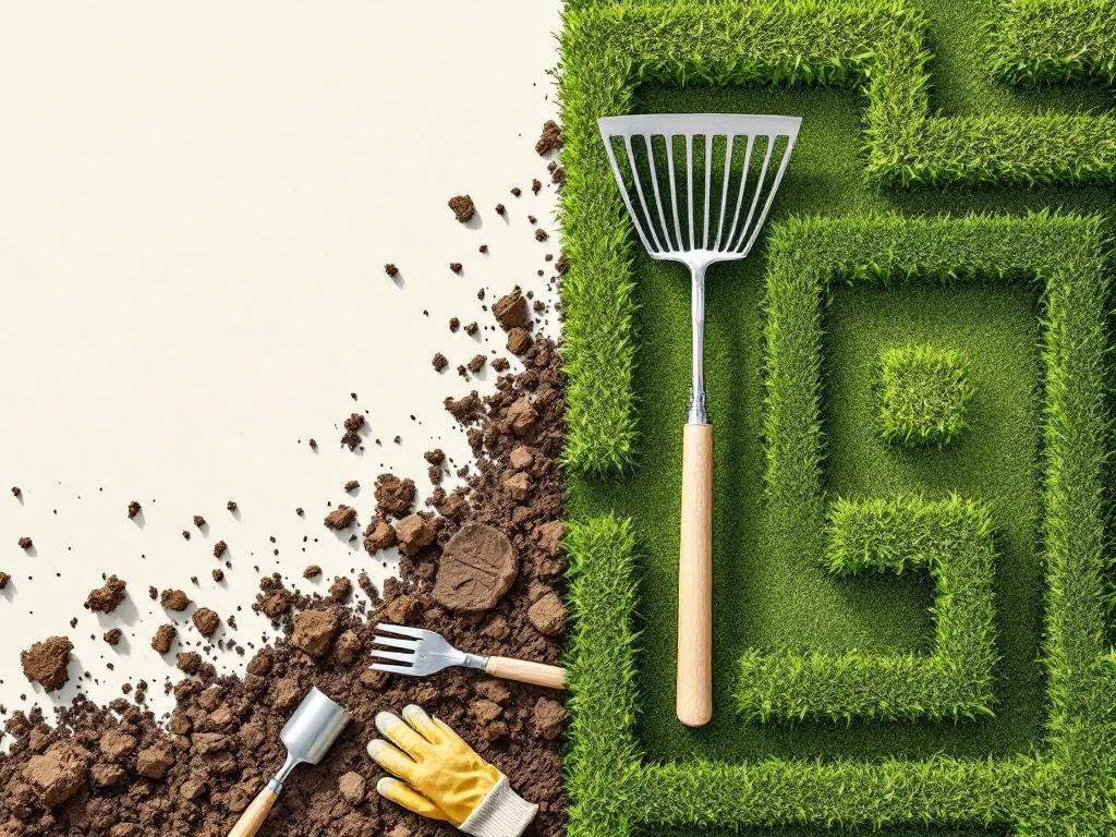 Bovenaanzicht tuinwerkruimte: onverzorgde grond met gereedschap naast gemanicuurd gazon met heggenpatronen