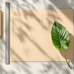 Tuinontwerper werkplek van bovenaf met geometrische blauwdrukken, gereedschap en groen blad op beton oppervlak