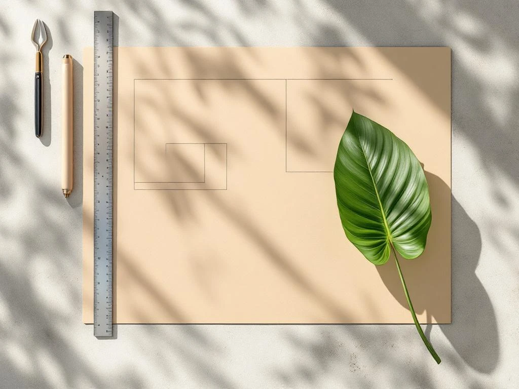 Tuinontwerper werkplek van bovenaf met geometrische blauwdrukken, gereedschap en groen blad op beton oppervlak