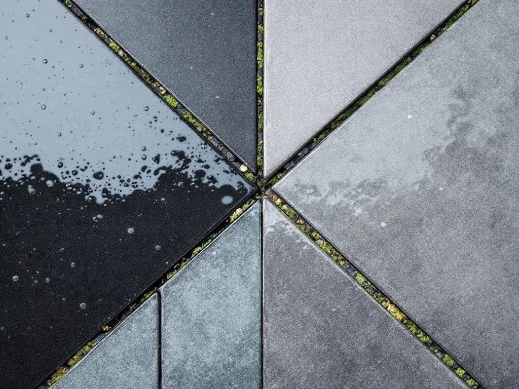 Tuinpad met geometrische tegels, half nat van regen en half droog, bovenaanzicht met contrast en vakmanschap