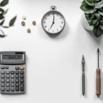 Bovenaanzicht van rekenmachine, euromuntjes, klok en gereedschap op wit bureau met symmetrische compositie