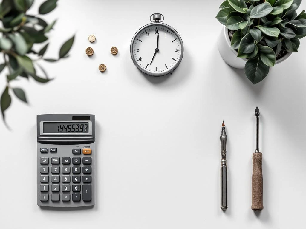 Bovenaanzicht van rekenmachine, euromuntjes, klok en gereedschap op wit bureau met symmetrische compositie