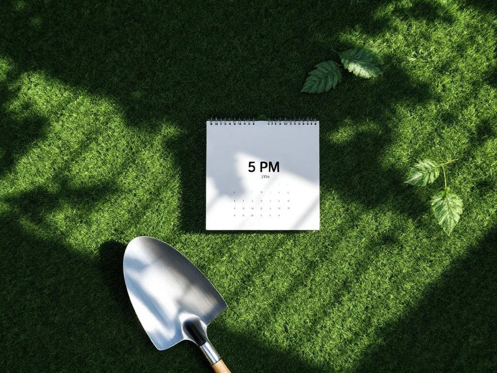 Witte bureaukalender en klok boven groen gazon met tuinspade, bovenaanzicht werkruimte in natuur