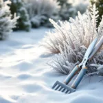 Winterse tuin met rijp op siergrassen, snoeischaar en hark op sneeuw in ochtendlicht voor tuinonderhoud