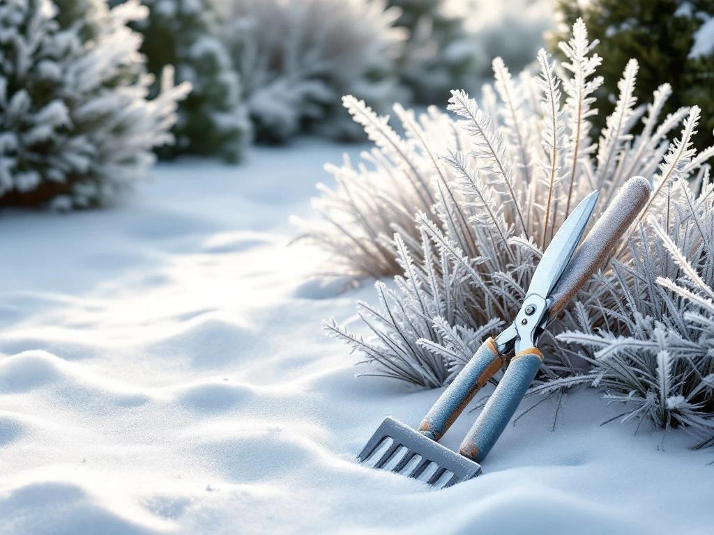 Winterse tuin met rijp op siergrassen, snoeischaar en hark op sneeuw in ochtendlicht voor tuinonderhoud
