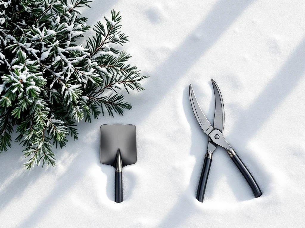 Snoeischaar en spade op besneeuwde tuin met geometrische hagen en berijpte dennentakken in winterlicht.