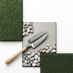 Tuingereedschap op geometrische zen tuin met gras, stenen en aarde van bovenaf gefotografeerd