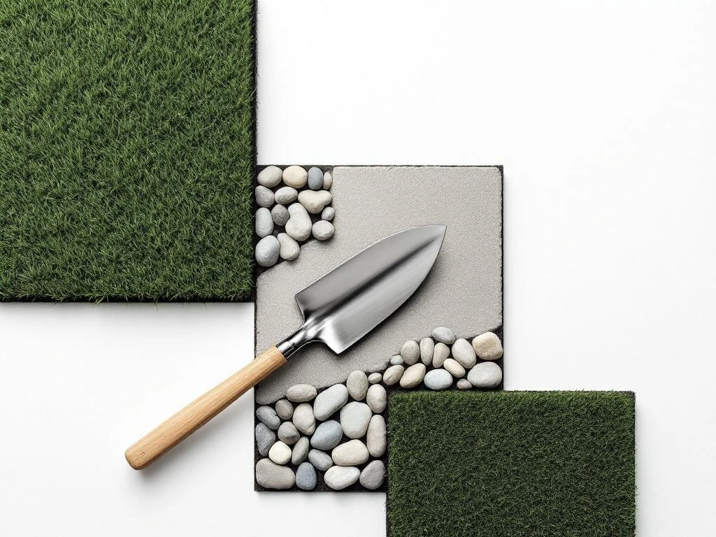 Tuingereedschap op geometrische zen tuin met gras, stenen en aarde van bovenaf gefotografeerd